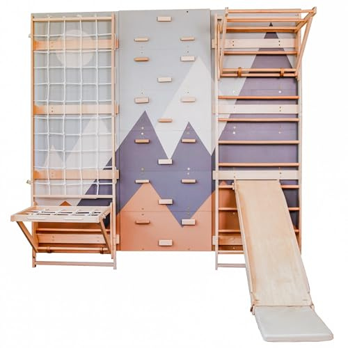 Wood And Hearts Sprossenwand, Klettergriffe, Kletterwand kinderzimmer, Klettern, Indoor Spielplatz, Klettersteine, Baby Klettern Indoor, (Kletterwand-Gym + 2in1 Rampe mit Matratze + Sit-Up-Stange)