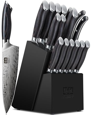 SHAN ZU 16 Pieces Kitchen Knife Sets, Japanese Knife Block Set in Powder Steel, High Carbon 63 HRC Chef Knives Set with Block Professional 12°Sharp Blade with Ergonomic Pakkawood Handle