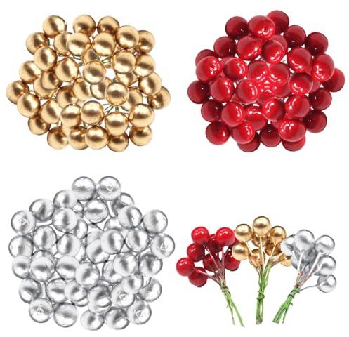 TSLBW 300 bayas de acebo de Navidad, bayas artificiales rojas, doradas y plateadas, para hacer coronas de Navidad, suministros de decoración de flores de árbol de Navidad, decoración de fiesta de