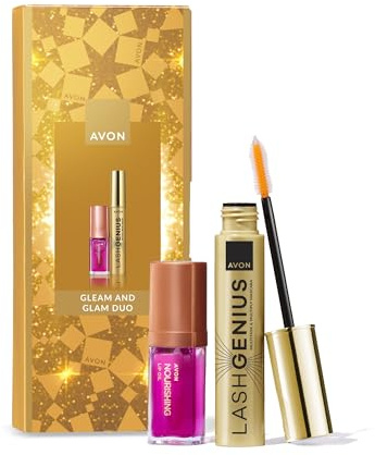 AVON Gleam and Glam Set Regalo Occhi e Labbra 2 Pezzi | Cofanetto make-up con olio labbra SPF12 e mascara, confezione regalo per occhi e labbra