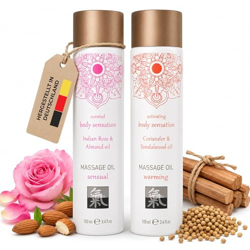 SHIATSU Massageöl Bundle 2x100ml I Indische Rose & Mandel + Wärmendes Koriander & Sandelholz I Hautglättend, entspannend & schnell einziehend I Natürliche Pflege & sinnliche Düfte