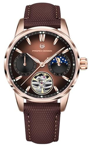 Pagani Design YS021 - Reloj Tourbillon para Hombre, mecánico automático, Fase Lunar, Resistente al Agua, Fecha, Correa de Goma, Casual, para Negocios, Vestido, Marrón Dorado Pd-ys021, Clásico