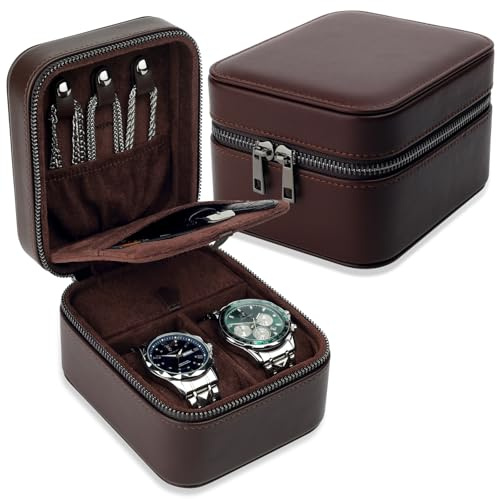 REVEMCN Uhrenbox Herren für 2 Uhren, Reise-Uhrenetui aus PU-Leder, Uhrenaufbewahrung mit Ringrollen & Zubehörfächern, Reise Schmuckkästchen für Herren, passend bis 50 mm (Klein – 2 Uhrenfächer)