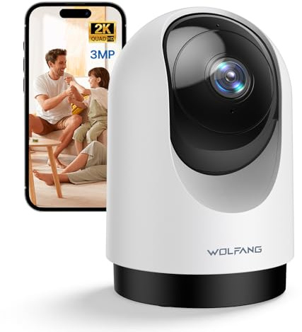 WOLFANG 2K-säkerhetskamera inomhus, WiFi-kamera 3 MP, hundkamera för husdjur, babymonitor med rörelseljudsdetektion, 360° rotation, mörkerseende, 2-vägs ljud, moln/SD, fungerar endast med Alexa, 2,4