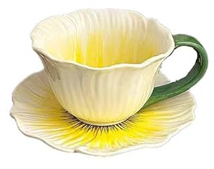 MMCCHB 10-Ounce Teacup and Saucer Set, Ceramic Floral Cappuccino Cup, Latte Cup and Saucer Combo, Microwave-Safe and Dishwasher-Safe (Yellow)