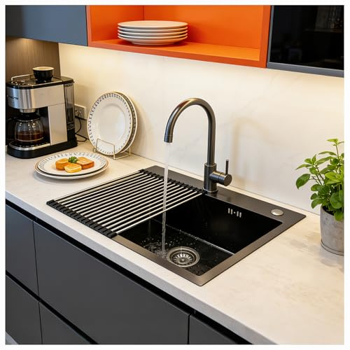 Fregadero de cocina de 60 x 45 cm, empotrable con dispensador de jabón, fregadero negro antracita, acero inoxidable, pequeño, 1 cuenco, fregadero de cocina con escurridor, dispensador de jabón