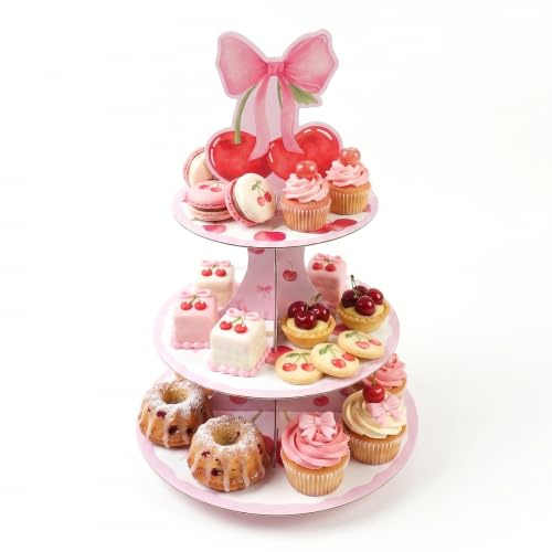 Soporte para Cupcakes de Cartón de 3 Niveles, Torre de Exhibición Redonda con Lazo de cereza rosapara Postres y Tarte, torre de postres para Decoración de Fiestas de Cumpleaños, Bodas y Baby Shower