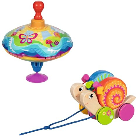 goki 6638 - Starterpack Brummkreisel und Ziehtier Duo Schnecken, goki66 Qualität aus Holz und Metall, Bunte und niedliche Motorikspielzeuge, ideal für Kleinkinder zum Lernen und fördern, ab 1 Jahr