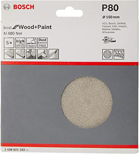 Bosch Accessories Ensemble de 5 Feuilles de ponçage M480 Idéal pour le Bois et la Peinture (Ø 150 mm, Grit P80, Accessoires pour Ponceuse Orbitale Aléatoire)