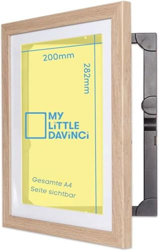 Dynamic Frames My Little DaVinci Bilderrahmen A4 Natur Holz, Rahmen mit Frontöffnung und 50 Blatt Aufbewahrung, Wandrahmen für Kinderzeichnungen Fotos Dekoration