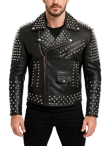 LP-FACON Mens Rock Punk Studded Leather Jacket - Brando Motorcycle Black Biker Leather Jacket Motorbike Spike Outerwear