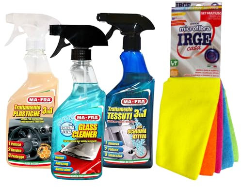 Ma-Fra, Set Trattamento 3 in 1 PLASTICHE - Glass Cleaner - Tessuti Insieme 7 Panni Microfibra Multiuso 30x35 cm