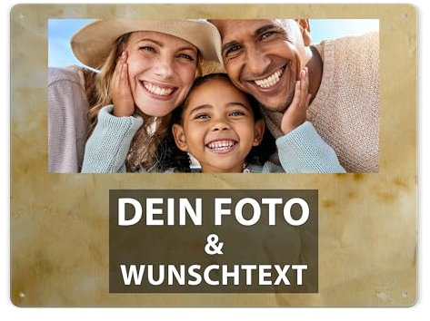 Tassendruck Blech-Schild mit Foto und Text selbst gestalten/Personalisierbar mit eigenem Bild als Metall-Poster / A3 (30x40cm) im Querformat/Altes Papier 1