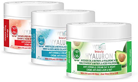 Victoria Beauty - Hyaluron Creme Set, Anti Aging Cremes gegen Falten und Augenringe, straffende Gesichtscremes mit Hyaluronsäure (3 x 50 ml)