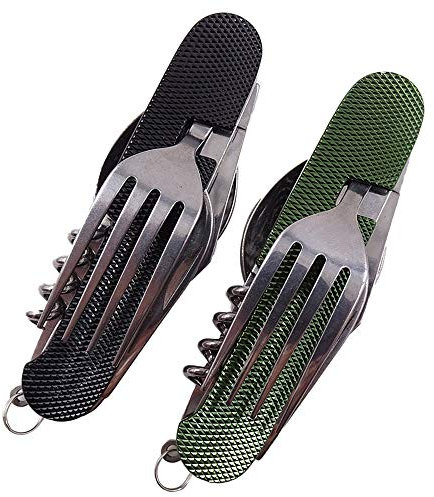 Hiwalker 6 in 1 Edelstahl Klapp besteck Camping besteck Set Outdoor Reise Besteck Kit Abnehmbare Geschirr Bewerben auf Wandern Reise Picknick Campen Festival (Schwarz und Grün)