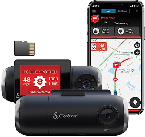 Cobra Smart Dashcam Autokamera mit Innenkamera - Full HD 1080P Auflösung, integriertes WiFi & GPS, 16GB SD-Karte, 2 Display, gemeinsame Warnungen, Unfallberichte, Notfall MayDay, Drive Smarter App