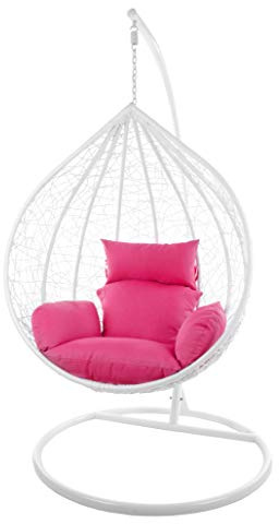 KIDEO Komplettset: großer Hängesessel mit Gestell & Kissen, Korbsessel, Poly-Rattan (Korb & Gestell: weiß, Kissen: pink Nest (3333 hot pink))