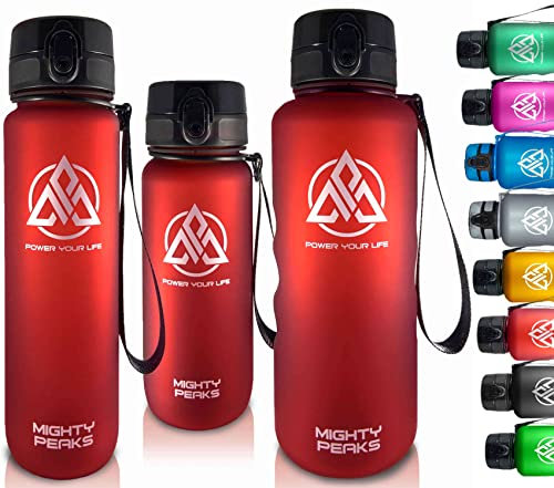 MIGHTY PEAKS Sportflasche 0.5l Kinder auslaufsicher leicht bruchfest 500-ml hot water-bottle Fruchtsieb Trink-Flasche mit Früchtebehälter-BPA frei gym rot