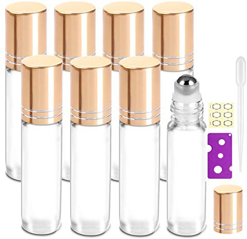 Yalbdopo 8Pcs, 10ml Essential Oil Roller Bottles Refillable Transparent Glass Roll on Bottle Clear Roll Bottles with Stainless Steel Roller Balls & Gold Cap, Include 12 Labels, Dropper & Opener