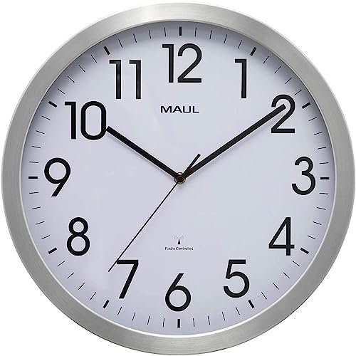 Maul Funkwanduhr MAULmove Ø 40cm | Elegante Wanduhr aus Mineralglas | automatische Zeiteinstellung | stabile Verarbeitung aus Aluminium in modernem Design | für Büro und Innenräume | Silber