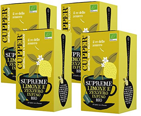 CUPPER Infuso Biologico Limone e Zenzero, Ingredienti da Agricoltura Biologica, Tisana Digestiva e Energizzante, Filtri 100% Biodegradabili, 4 Confezioni da 20 bustine di tè, Totale 80 bustine
