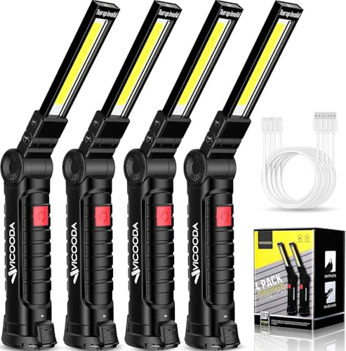 VICOODA LED Rechargeable Work Light with Magnetic Base Hanging Hook, 360° Rotate 5 Modes, Mechanic Flashlight for Car Repair, Grill, Outdoor, Emergency, Tight Spaces - Tool Gifts for Men (4 Pack)