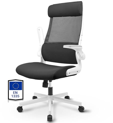 MELOKEA Bürostuhl Ergonomisch, Schreibtischstuhl aus Mesh mit Klappbare Armlehnen, Computerstuhl mit Verstellbare Kopfstütze, Lendenwirbelstütze, Chefsessel Wippfunktion, Entspricht EN 1335 - Schwarz