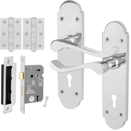 EAI Chrome Door Handles Lock Set, 1 Pair Internal Polished Chrome Victorian Scroll Backplate Handles, Hinges and Lock 64mm