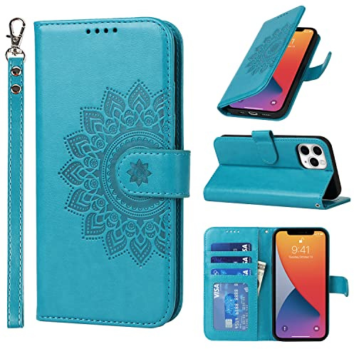 ELTEKER Handyhülle iPhone 11 Pro Klapphülle Mit 3 Kartenfächer, Magnet Verschluss, Leder Eleganter Prägung Schutzhülle Ledertasche, Blau