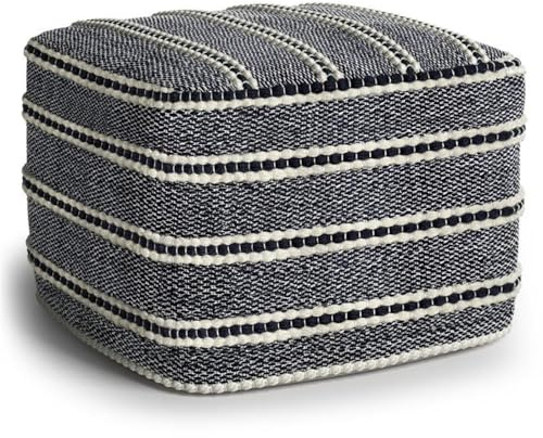 Boho Square Pouf Ottoman, Small Hand Knitted Hassock Footrest for Living Room, Cotton Woven Bean Bag Foot Stool for Couch, Dark Gray, White and Black Cloth Puff Chair for Floor, 18x18x14