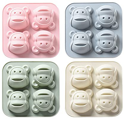 CANDeal 4er-Pack Tier-Affen-Seifenformen Antihaft-Tier-Wackelpuddingform 4 Mulden Pralinenformen Silikon-Backformen Affenformen Für DIY-Süßigkeiten-Kuchen, Kekse, Eiswürfel, Fondant, Pudding, Gelee