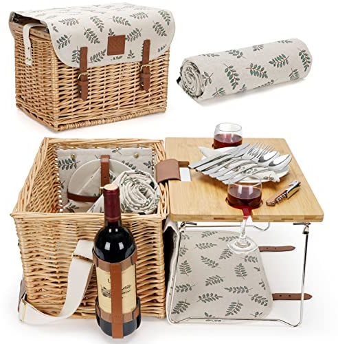 Set da picnic in vimini WILLOW WEAVE con tavolo, set da cestini da picnic per 2, cestino in salice con portabottiglie per vino, set da picnic in vimini con coperta e stoviglie premium per esterni