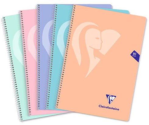 Clairefontaine 696983C - Spiralheft Mimesys DIN A4+, 21,5x31cm 80 Blatt, kariert mit Rand, flexibel Einband, farbig Pastell sortiert, 1 Stück