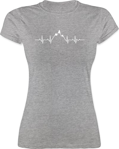 Shirt Damen - Symbol und Zeichen Outfit - Herzschlag Berge - M - Grau meliert - wandershirt Berg Tshirt wandershirts Wander Shirts bergmotiv t Hiking Funshirts für Frauen t-Shirt wandern Bergen