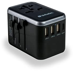 Verbatim Universal reseadapter UTA-S04, uttagsadapter med 3 USB-A och 2 USB-C-portar, resekontakt för bärbar dator, mobiltelefon, kamera och Co, kan användas över hela världen, 100–250 V