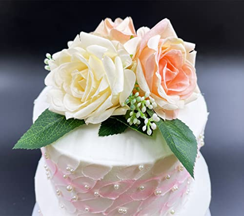 Boho-Rosen-Kuchenaufsatz, Dekoration, 22,1 cm, Vintage-Stil, künstliche rosa Rose, Hochzeitstortenaufsatz für Hochzeit, Brautparty, Jahrestag, Geburtstagsfeier (drei Rosen)
