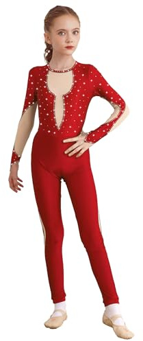 FEESHOW Mädchen Ganzanzug Ballettanzug Langarm Gymnastikbody Glitzer Strass Mesh Patchwork Tanz Trikot Kinder Sport Jumpsuit Eng Rot 146-152