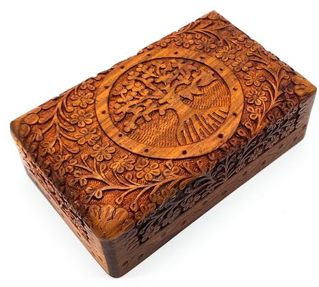 AB India Crafts Handgefertigte Holz Box Schatulle mit Lebensbaum für Schmuck Aufbewahrung | Familie Spiritualität Lifestyle Indien