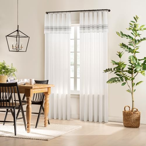 Mercantile Drop Cloth Stripe Curtain Panel, Light Filtering Ring & Tab Top with Attached Valance, 95 in Long x 50 in Wide, Farmhouse Single Window Panel, Bedroom & Living Room, Grey Stripe