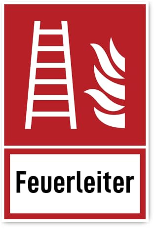 Aufkleber: 300x200 mm, 1 Stück - Feuerleiter - Brandschutzzeichen mit Text (deutsch) (rot/weiß) - hochkant - F003 - DIN EN ISO 7010 / ASR A1.3