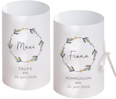 die-feinepapeterie Set 6 x Personalisierbare Lichthülle für Tischlicht Blütenkranz Pastellfarben Kommunion Konfirmation Taufe Firmung Jugendweihe Geburtstag