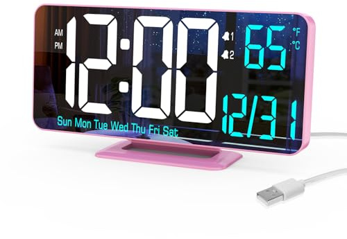 Pink Digital Clock for Bedroom 6.7in Dual Alarm Clock with Dimming, 12/24h, Seconds, Date, Day of Week, Temp, Desk Clock, LED Clock for Table Decor, Digital Calendar Table Clocks for Bedrooms KOSUMOSU