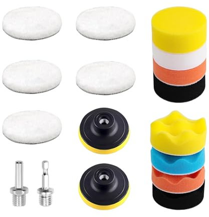 XoeLLe 17 Pezzi Tampone di Lucidatura, Spugne per Lucidatura Auto, 80mm Kit Lucidatura Auto, Platorello per Trapano, con Adattatore per Trapano, per Lucidatura e Ceratura di Auto