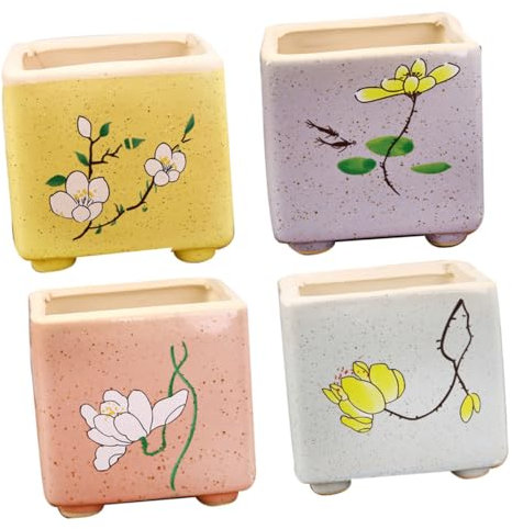 KONTONTY 4stücke Handgemalte Keramiktöpfe Quadratische Blumentöpfe Für Sukkulenten Und Pflanzen Deko Für Garten Und Innenräume Gelb Rosa Helllila