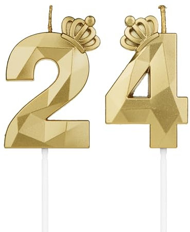 Geburtstagskerzen Zahlen 24 mit Krone，3D Kerzen Geburtstag für Kuchen geburtstagsdeko, Geburtstag Kerzen Zahlen, Geburtstagskerzen Kinder für Partys, Hochzeiten, Firmenfeiern, Jubiläen (Gold, #24)