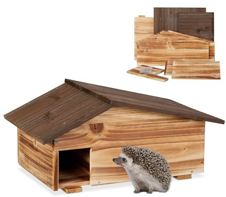 Relaxdays Casetta per Ricci, Rifugio da Giardino, 2 Camere, HLP: 24x46x33,5 cm, Tana Contro Predatori, Legno Fiammato