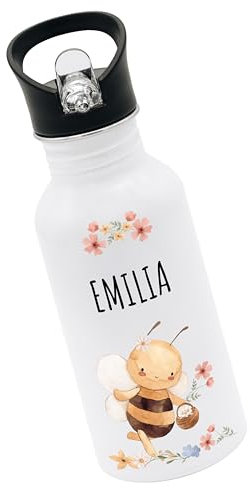 Bärenfreunde® - Personalisierte Trinkflasche Kinder Edelstahl [ 500ml ] - Robuste Trinkflasche mit Namen - Wasserflasche mit Trinkhalm - Personalisierte Geschenke für Kinder (Biene Blumen)