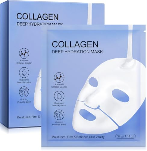 Bio Collagen Face Mask, Intense Hydration, Soothing & Hydrating Overnight Hydrogel Mask, Reduce Fine Lines & Wrinkles, Pore Minimizing, Elasticity Improvement, Anti Aging and Rejuvinating Sheets 12pcs