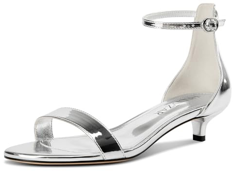 HEUIVZAR Sandali da donna con tacco basso, punta aperta, cinturino alla caviglia, con fibbia, per ufficio, ballo, estate, 3,1 cm, Argento Brevetto, 40 EU