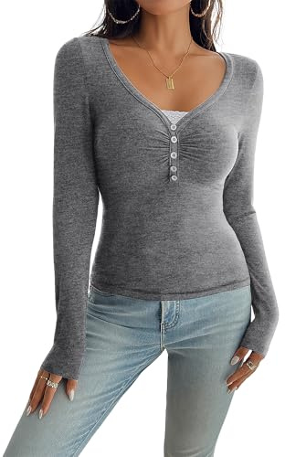 Canli4Y Långärmad damtröja V-ringade långärmade toppar Henley t-shirts slim fit långärmad Y2K skjortor bastoppar elegant blus tunika, GRÅ, M